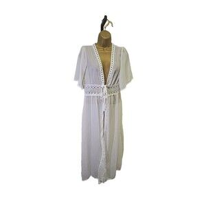 White Sheer Crochet Midi Robe Cover Womens Lg Beach Pool Coastal Cruise Vacation